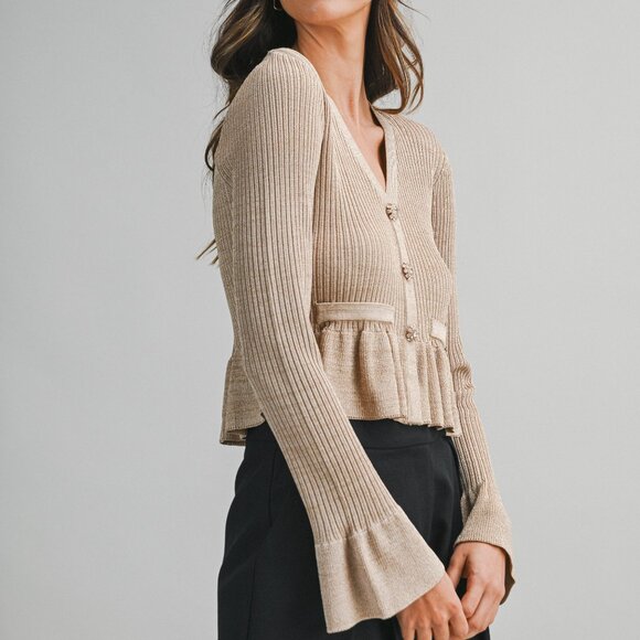 Mocha Gold Shimmer Lurex Knit Top With Rhinestone Gold Tone Buttons - Picture 6 of 10